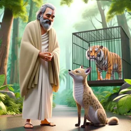 Colorful illustration of O Brâmane, o Tigre e o Chacal - Confiar and Sabedoria