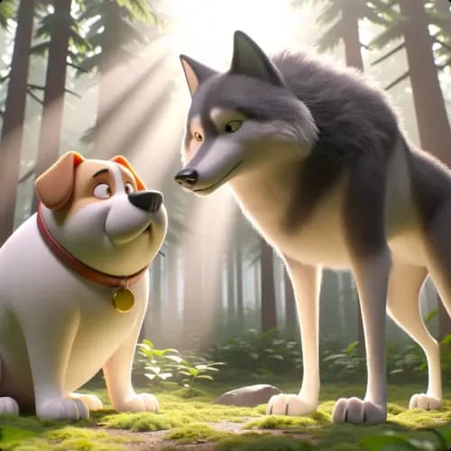 Colorful illustration of O Cachorro e o Lobo - Contentamento and Escolha