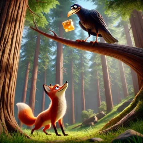 Colorful illustration of A Raposa e o Corvo fable - Orgulho and Consequências