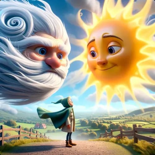 Colorful illustration of O Vento Norte e o Sol - Gentileza and Força