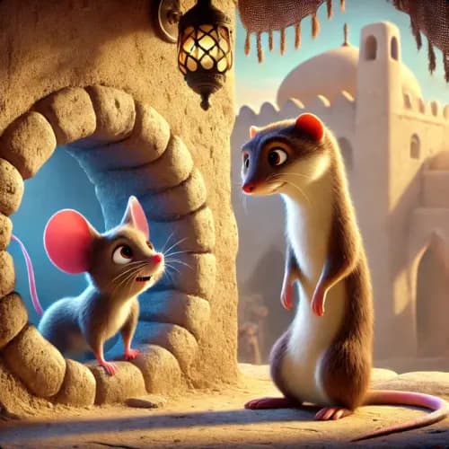 Colorful illustration of The Mouse and the Weasel fable - Trust and Consequences
