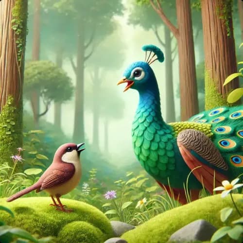 Colorful illustration of The Sparrow And The Peacock - a fable
