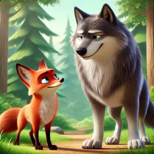 Colorful illustration of The Wolf and the Man fable - Humility and Wisdom