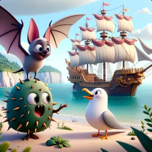 Colorful illustration of A Bat, Thorn Bush and Gull fable - Courage and Resourcefulness