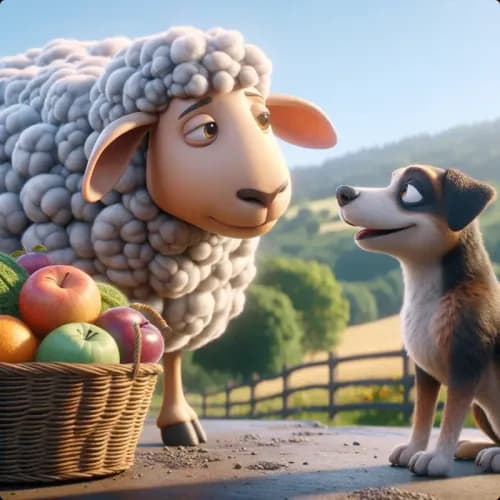 Colorful illustration of A Dog, A Sheep, and A Wolf - Deception and Kindness