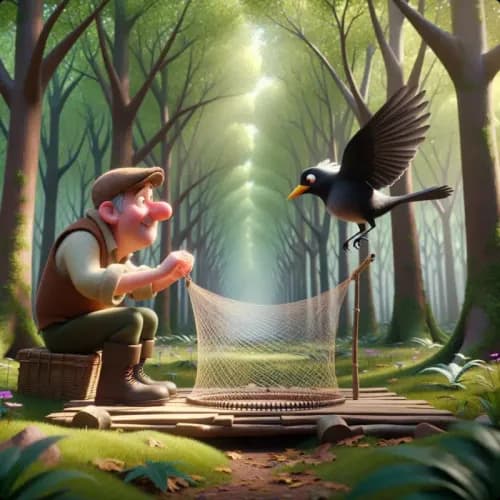 Colorful illustration of A Fowler and A Blackbird fable - Curiosity and Trust
