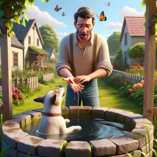 Colorful illustration of A Gardener and His Dog fable - Fear and Regret