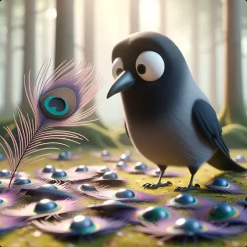 Colorful illustration of A Jackdaw and Peacock Feathers - Acceptance and Pride