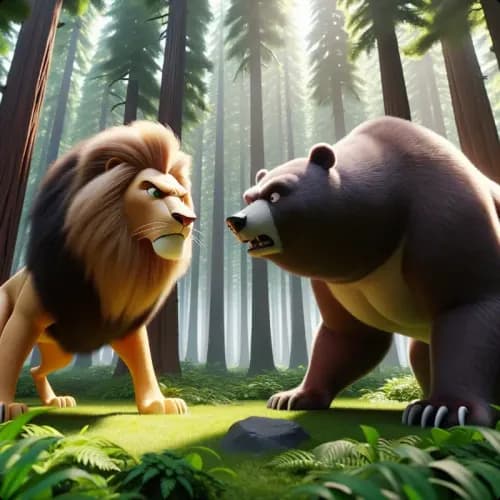 Colorful illustration of A Lion and A Bear fable - Teamwork and Choice