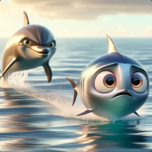 Colorful illustration of A Thunny and A Dolphin fable - Consequences and Courage