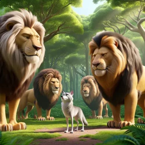 Colorful illustration of A Wolf among the Lions fable - Pride and Choice