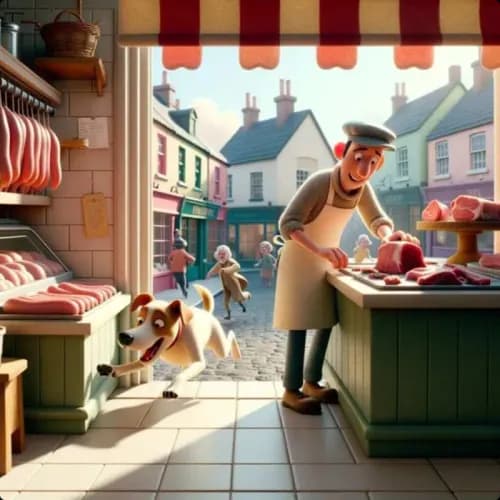 Colorful illustration of A Dog and A Butcher - Consequences and Wisdom