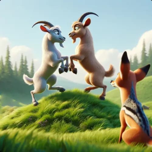 Colorful illustration of Fighting Goats and the Jackal fable - Patience and Consequences