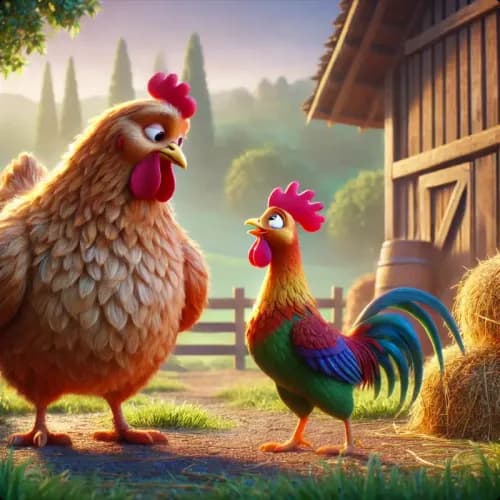 Colorful illustration of Old Hen and Young Rooster - a fable