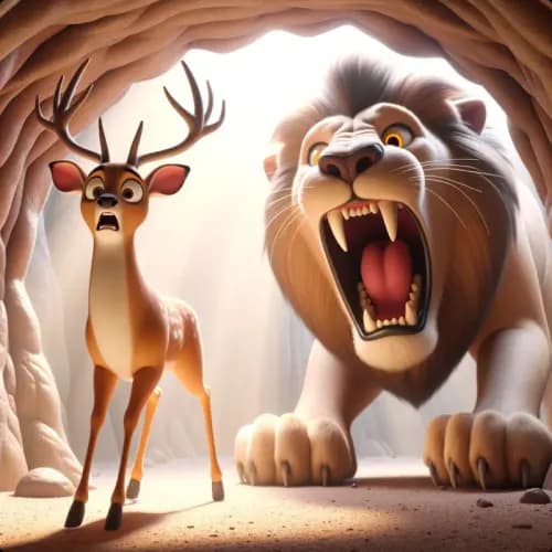 Colorful illustration of The Stag and the Lion in a Cave - a fable