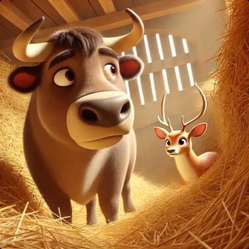 Colorful illustration of The Stag and The Oxen - a fable