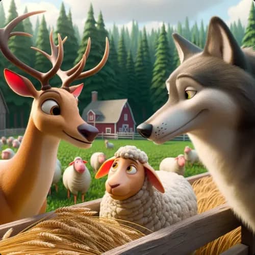 Colorful illustration of The Stag, The Wolf, and The Sheep - a fable