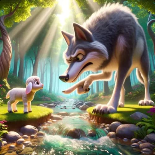 Colorful illustration of The Wolf and the Lamb - a fable