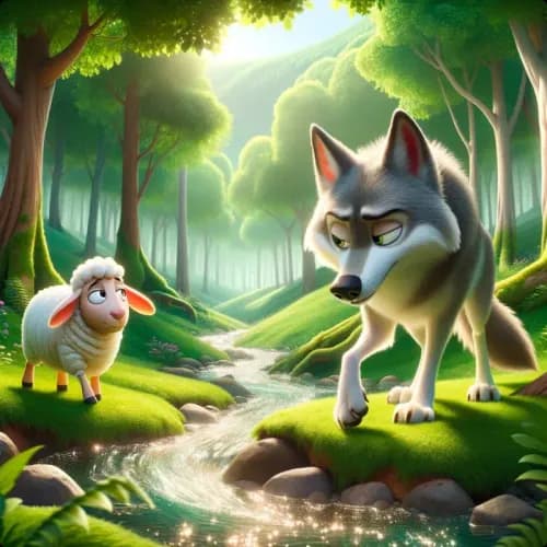 Colorful illustration of The Wolf and The Sheep - a fable