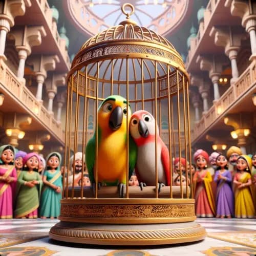 Colorful illustration of The Tale of the Two Parrots - a fable