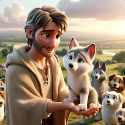 Colorful illustration of The Shepherd and The Young Wolf - a fable