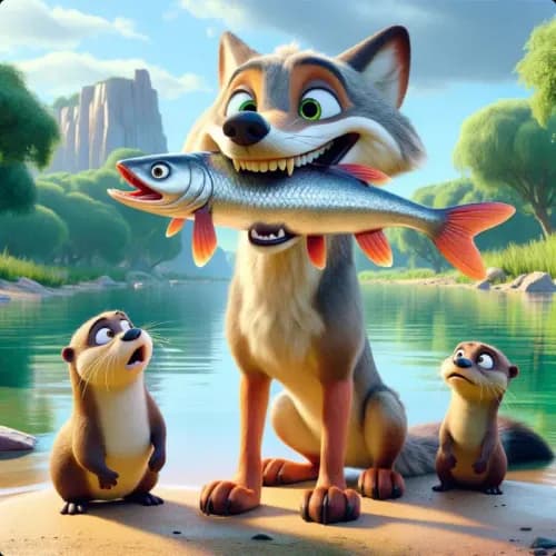 Colorful illustration of The Otters and The Jackal - a fable
