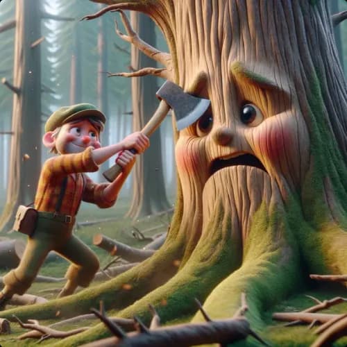 Colorful illustration of The Oak and the Woodcutter - a fable