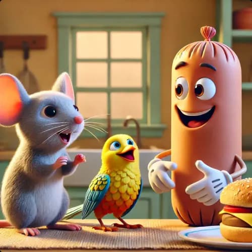 Colorful illustration of The Mouse, the Bird, and the Sausage - a fable