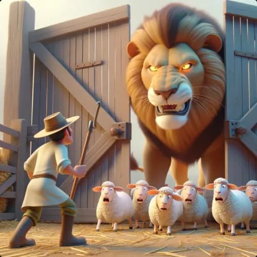 Colorful illustration of The Lion in A Farmyard - a fable