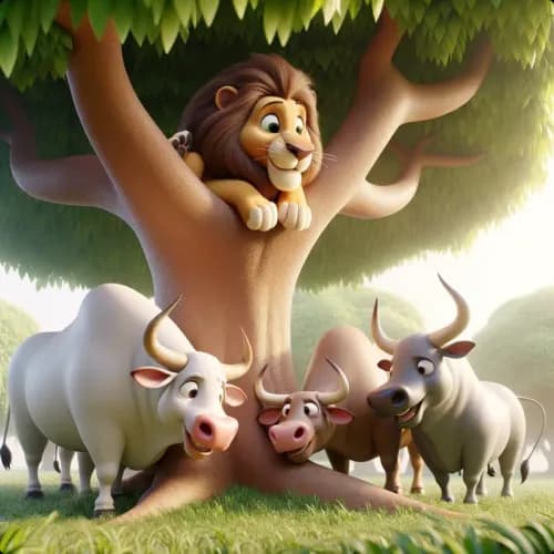 Colorful illustration of The Lion and the Three Bulls - a fable
