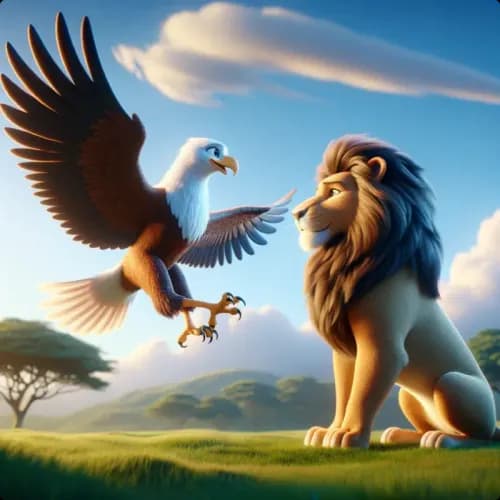 Colorful illustration of The Lion and The Eagle - a fable