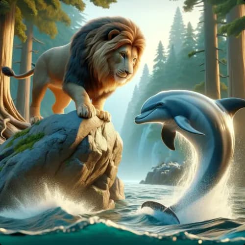 Colorful illustration of The Lion and The Dolphin - a fable