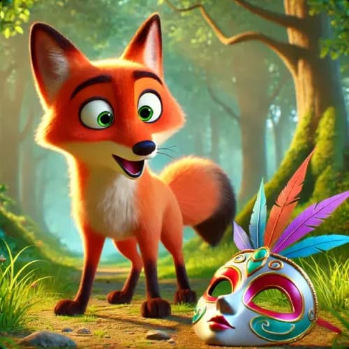 Colorful illustration of The Fox and The Mask - a fable