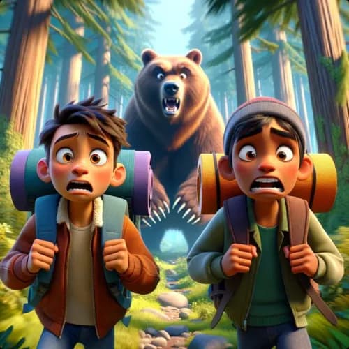 Colorful illustration of The Bear and The Two Travelers - a fable
