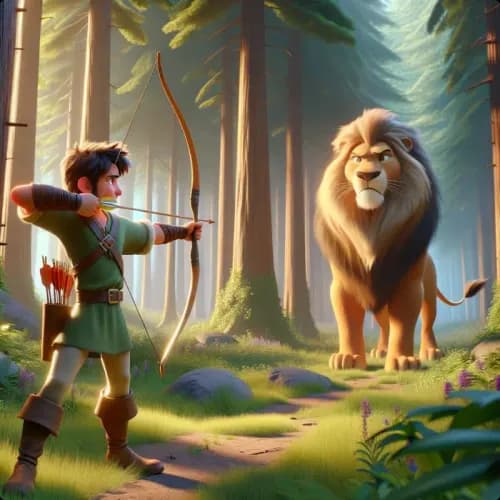 Colorful illustration of The Bowman and The Lion - a fable
