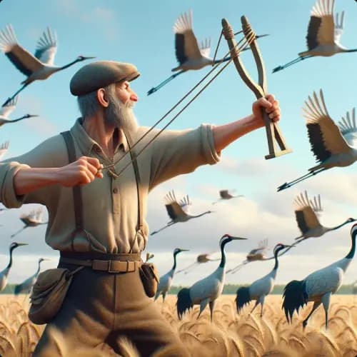 Colorful illustration of The Farmer and The Cranes - a fable