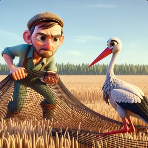 Colorful illustration of The Farmer and The Stork - a fable