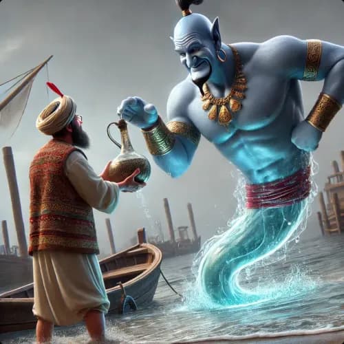Colorful illustration of The Fisherman and the Genie - a fable