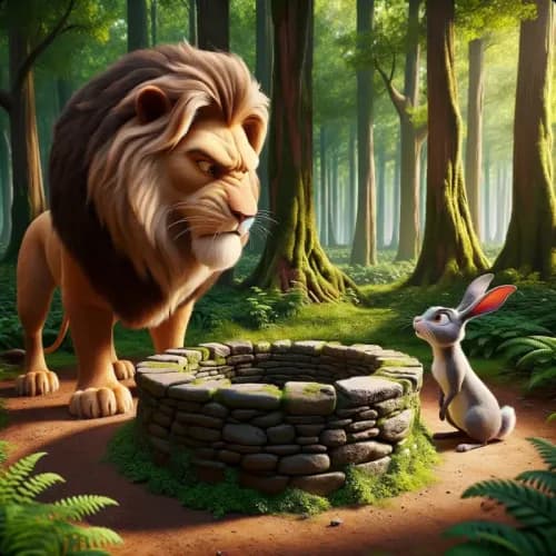 Colorful illustration of The Foolish Lion And The Clever Rabbit - a fable