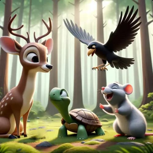 Colorful illustration of The Four Friends and the Hunter - a fable