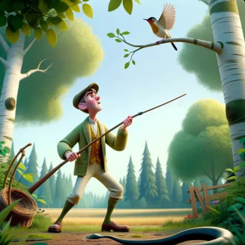 Colorful illustration of The Fowler and The Viper - a fable