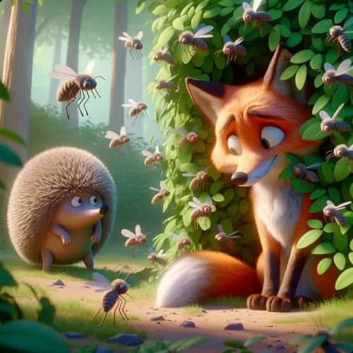 Colorful illustration of The Fox and The Hedgehog - a fable