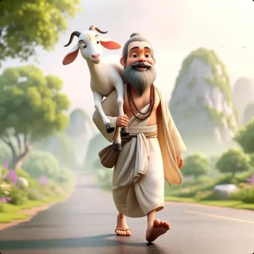 Colorful illustration of The Brahmin and the Crooks - a fable