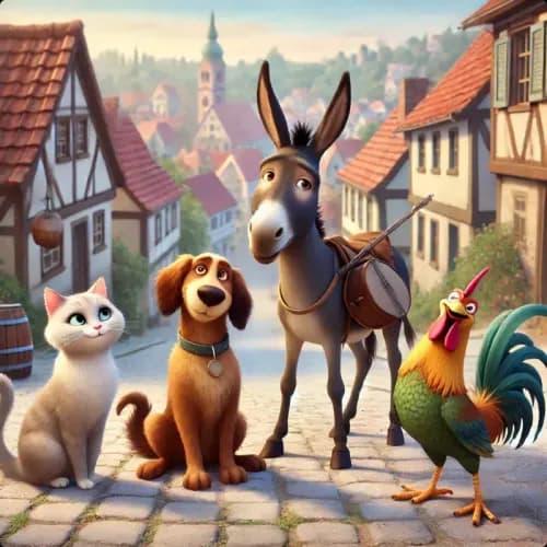 Colorful illustration of The Bremen Town-Musicians - a fable