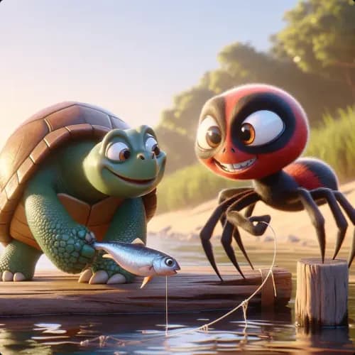 Colorful illustration of Anansi Goes Fishing fable - Patience and Greed