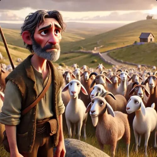 Colorful illustration of The Goatherd and the Wild Goats - a fable