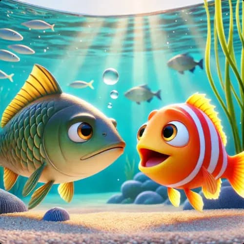 Colorful illustration of The River Fish and The Sea Fish - a fable