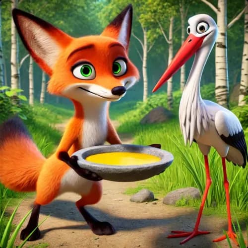 Colorful illustration of A Raposa e a Cegonha - Trapaça and Sabedoria