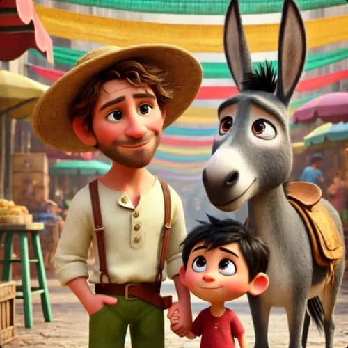 Colorful illustration of The Man, The Boy, and The Donkey fable - Authenticity and Wisdom
