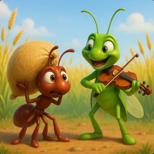 Colorful illustration of A Cigarra e a Formiga - a fable